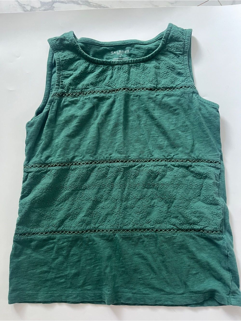 Talbots  100% cotton embroidered green Knit Petite Tank